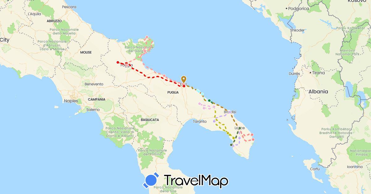 TravelMap itinerary: driving, jour 1, jour 2, jour 3, jour 4, jour 5, jour 6, jour 7, jour 8, jour 9, jour 10 in Italy (Europe)